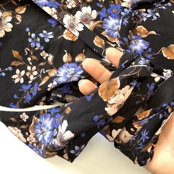 Amour Vert Floral Print Silk Blouse Top V Neck Waist Wrap Long Bell Slv - Picture 5 of 12